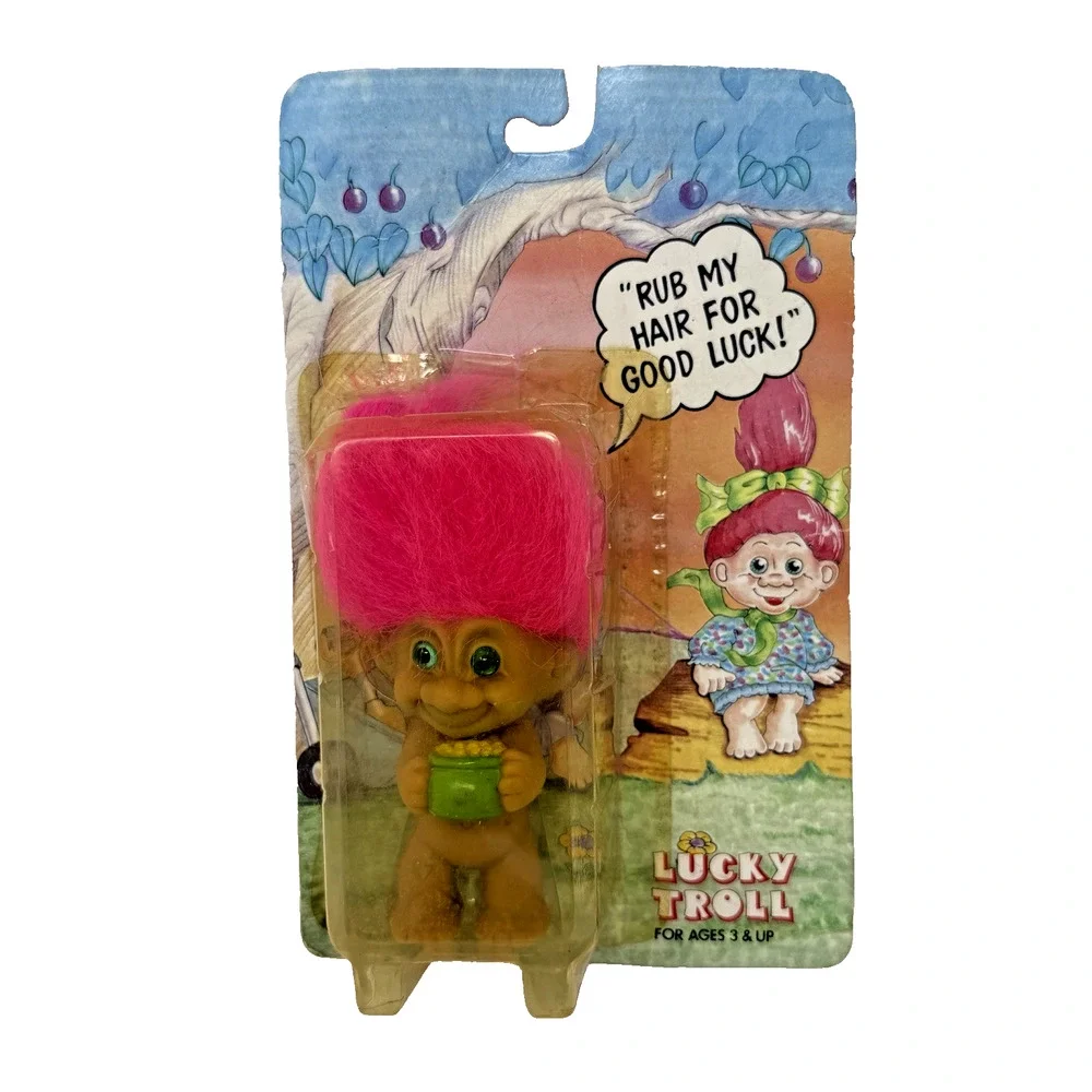Sealed Vintage 90s Lucky Troll Pink Hair Blue Eyes Holding a Pot of Gold